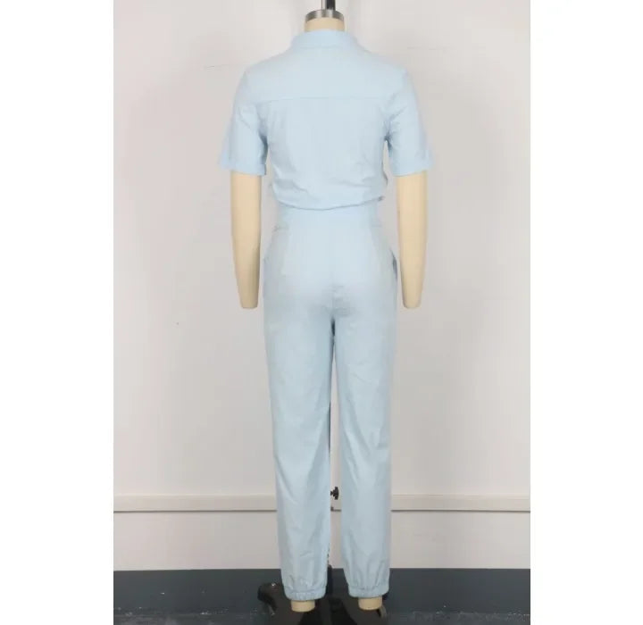 Women's Jumpsuit Summer 2025 Fashion Ankle Tied with A Lapel Pocket and Elastic Buttons At The Waist Short Sleeved Bodysuit Pant