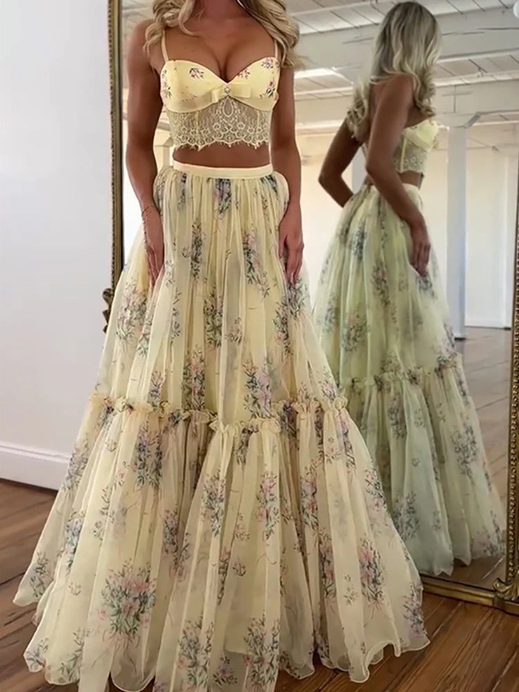 Printed Spaghetti Strap Top and Maxi Skirt Set for Women