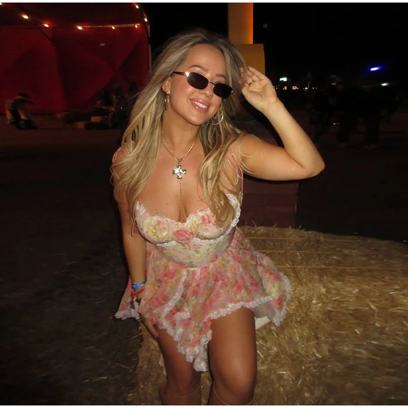 Floral Lace Up Sleeveless A Line Mini Dress for Women