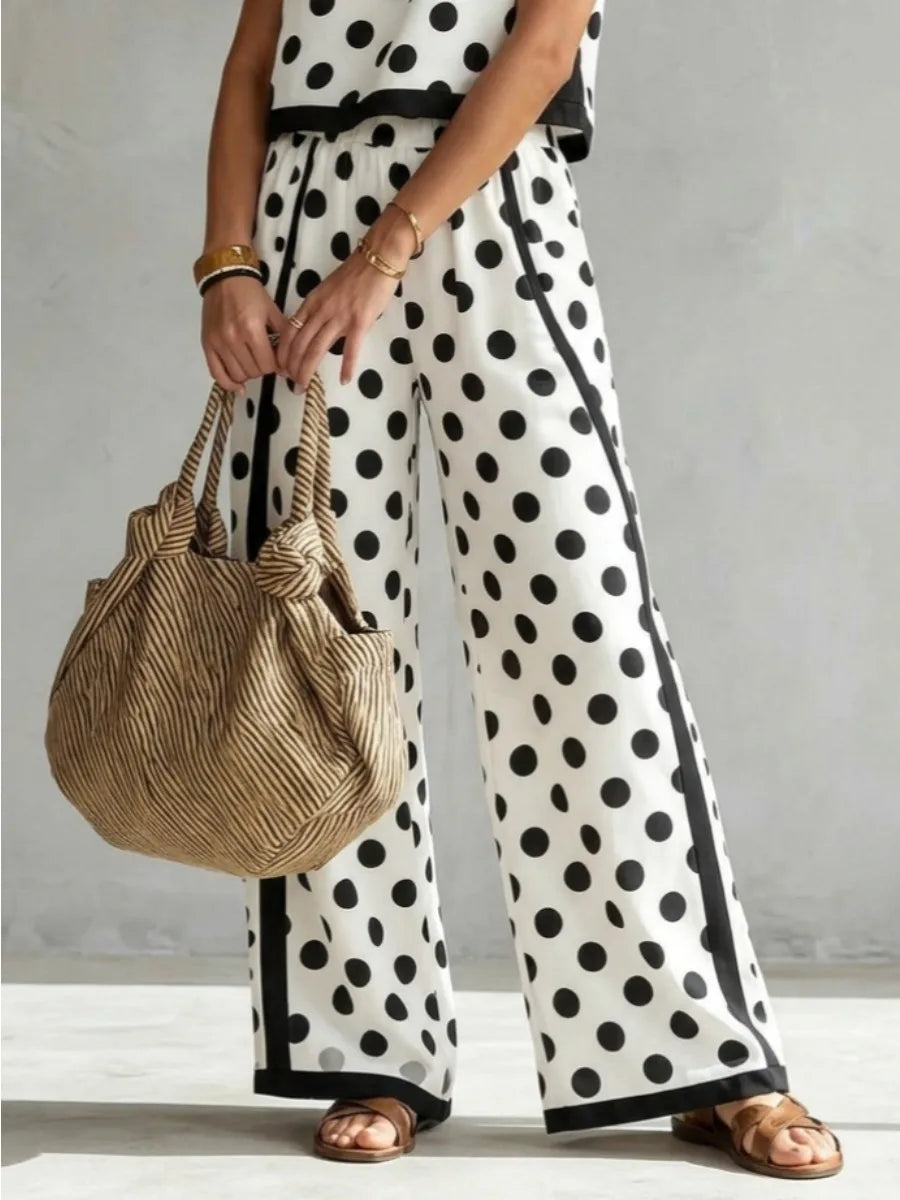 Bonboho Women Black White Polka Dot Wide Leg Pants Contrast Black Strip Side Loose Casual Trousers Stylish Matching Pants