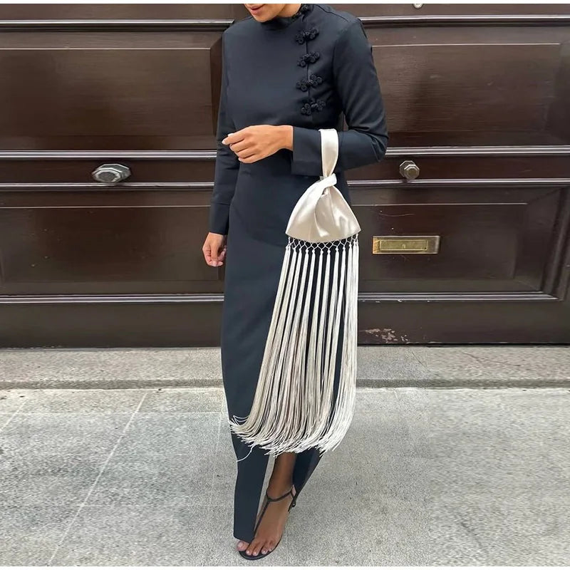 Chic Fringe Tassel Satin Waist Bag With Flowing Strap for Women