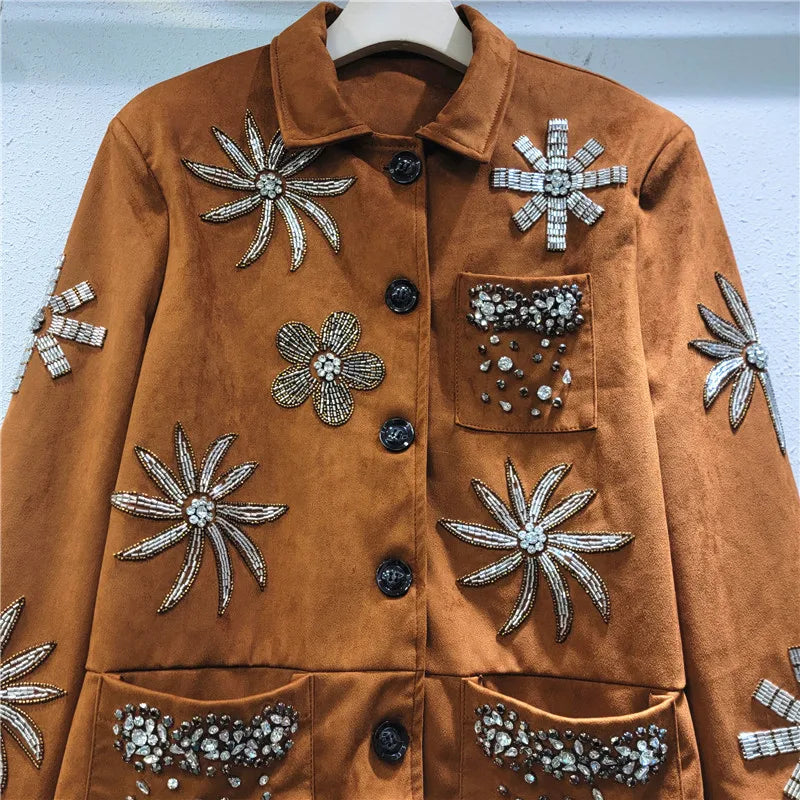 YEAE beaded diamond flower jacket niche lapel single-breasted casual loose long-sleeved jacket