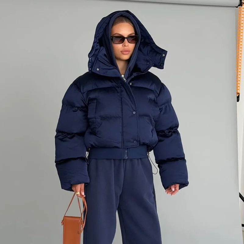 Detachable Hood Cropped Padded Winter Jacket for Women