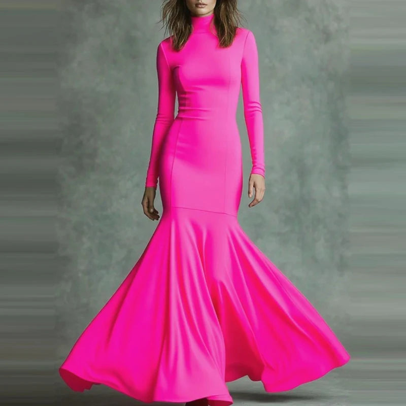 Casual Long Sleeve Women's Long Dresses Fashion Turtleneck Solid Fishtail Dress Elegant Hight Waist Pleated Slim Fit Party Dress