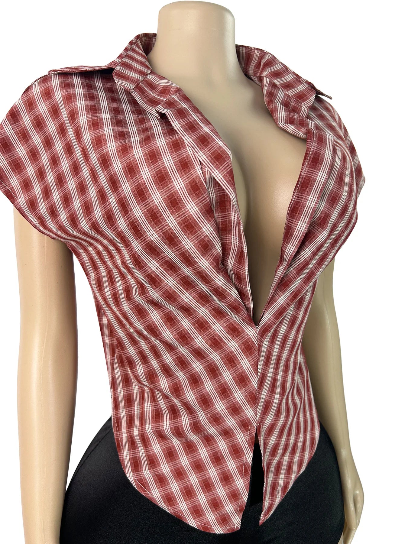 Plaid Print Deep V Neck Sleeveless Hollow Two Piece Set for Women