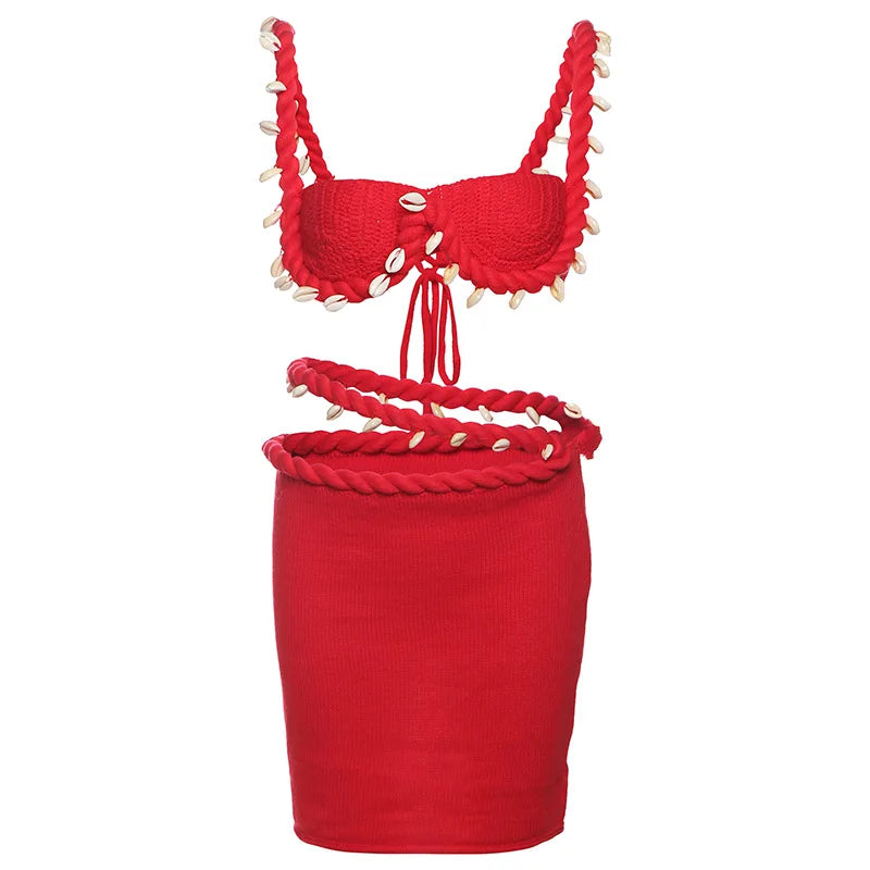 FAGADOER Sexy Knit 2 Piece Sets Woman Outfit Strap Low Neck Camis+Slash Waist Mini Skirts Suits Female Hipster Beach Clothing