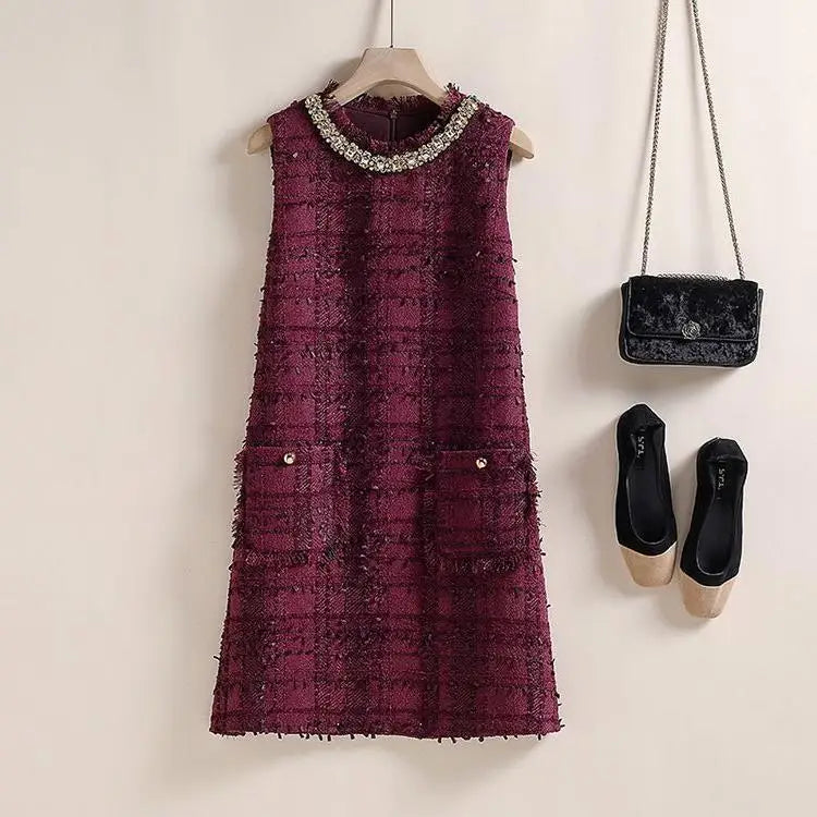 Elegant Tweed Beaded Pocket A-Line Dress for Women