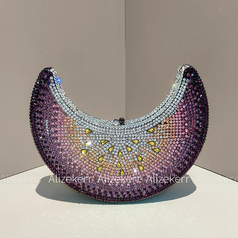 Moon Shaped Diamond Evening Bag with Watermelon Rhinestones for Women
