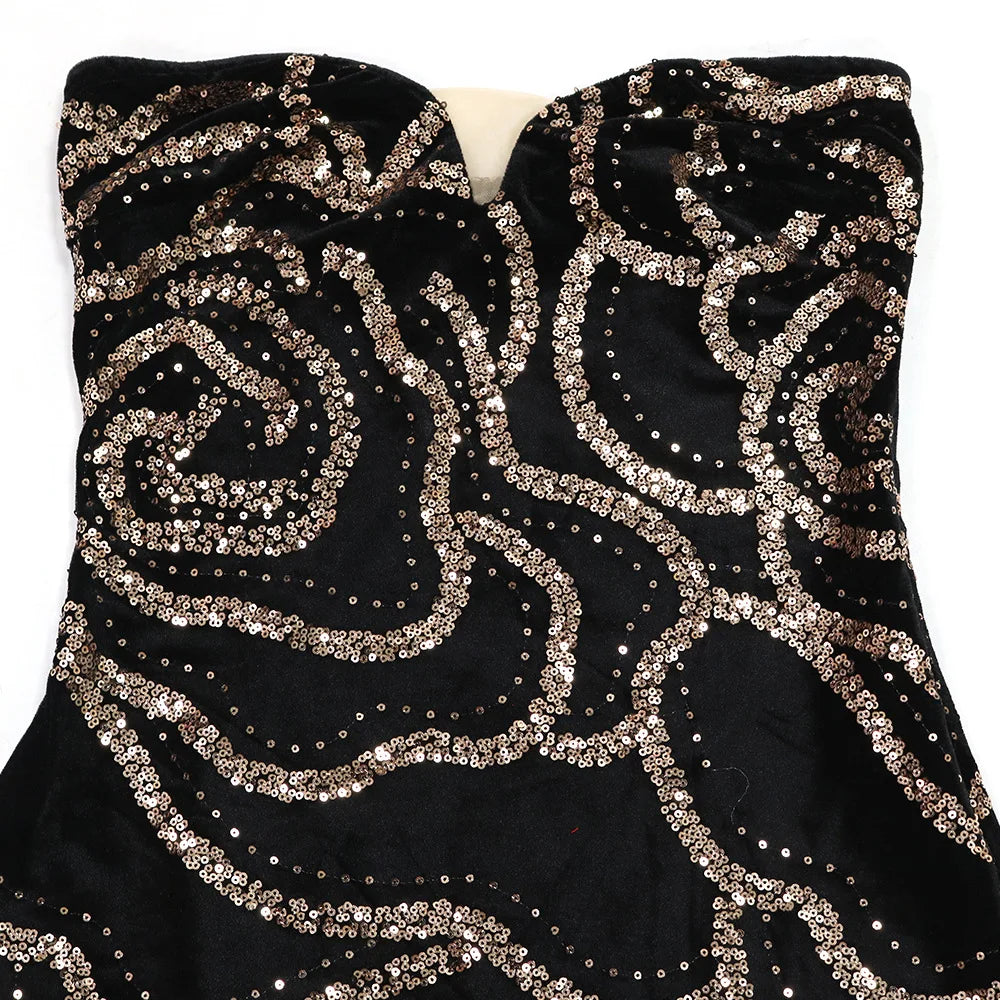 Sweetheart Strapless Deep V Velvet Rhinestone Rose Pattern Maxi Dress for Women