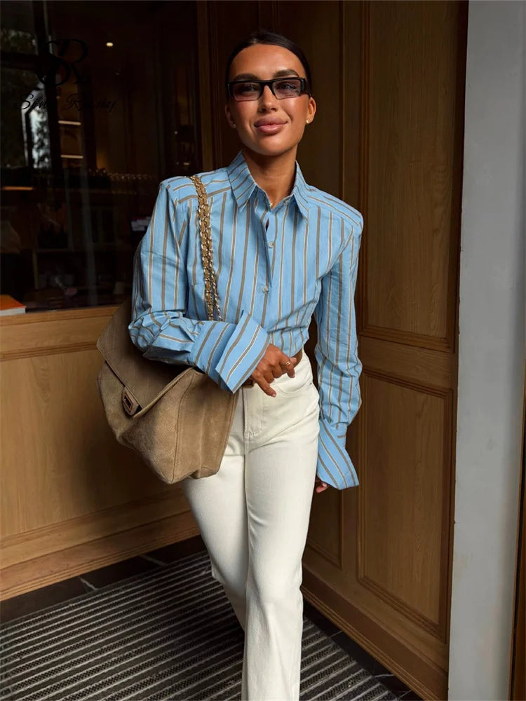 French Retro Striped Button Up Long Sleeve Blouse for Women