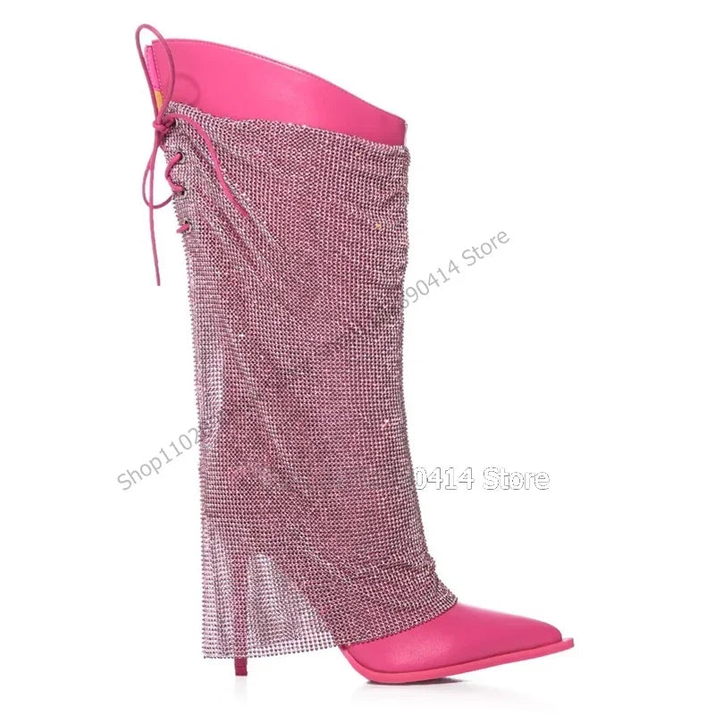 Rose Red Mesh Decor Pointed Toe Stiletto Boots For Women