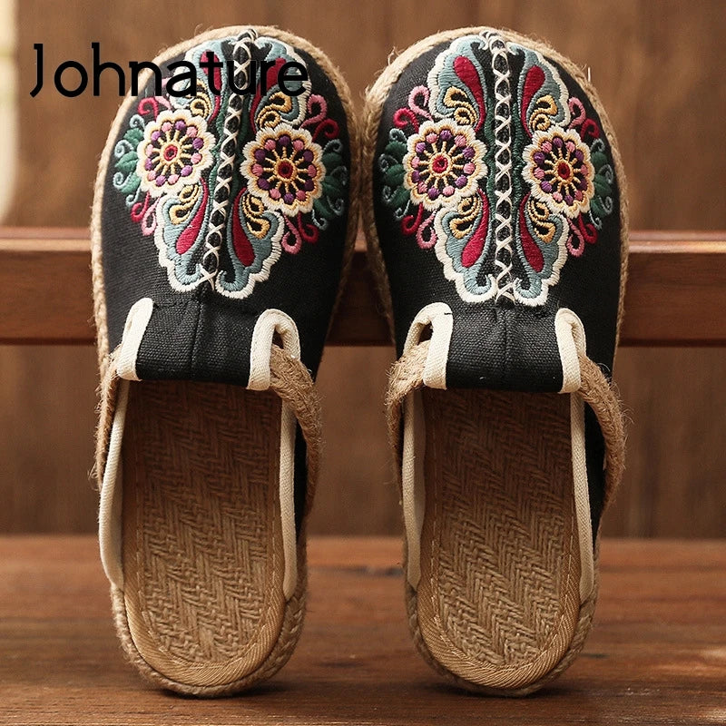 Embroidered Floral Retro Handmade Slides for Women
