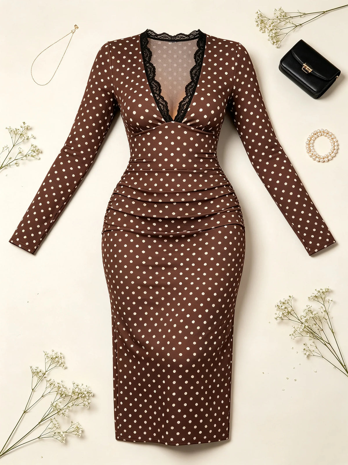 Polka Dot Lace Trim Midi Dress