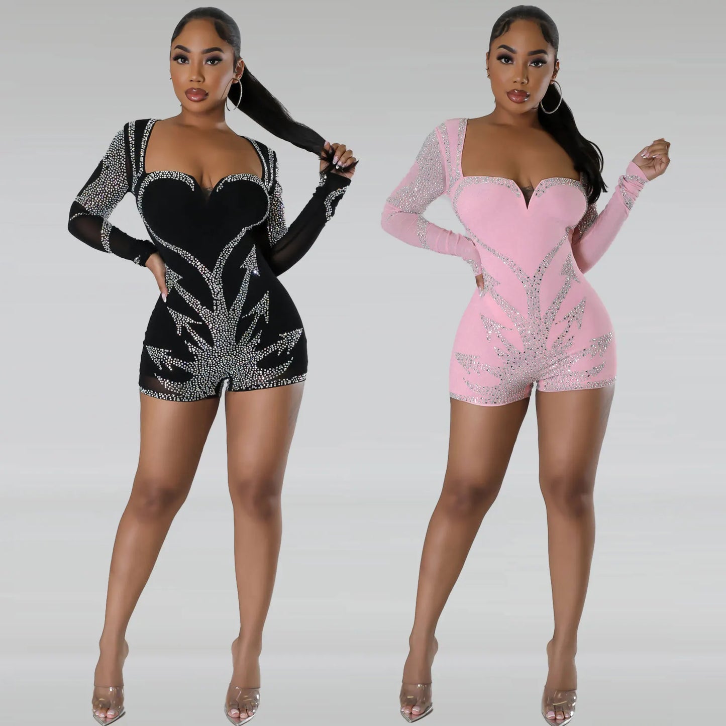 Rhinestone Mesh V Neck Long Sleeve Jumpsuit For Women