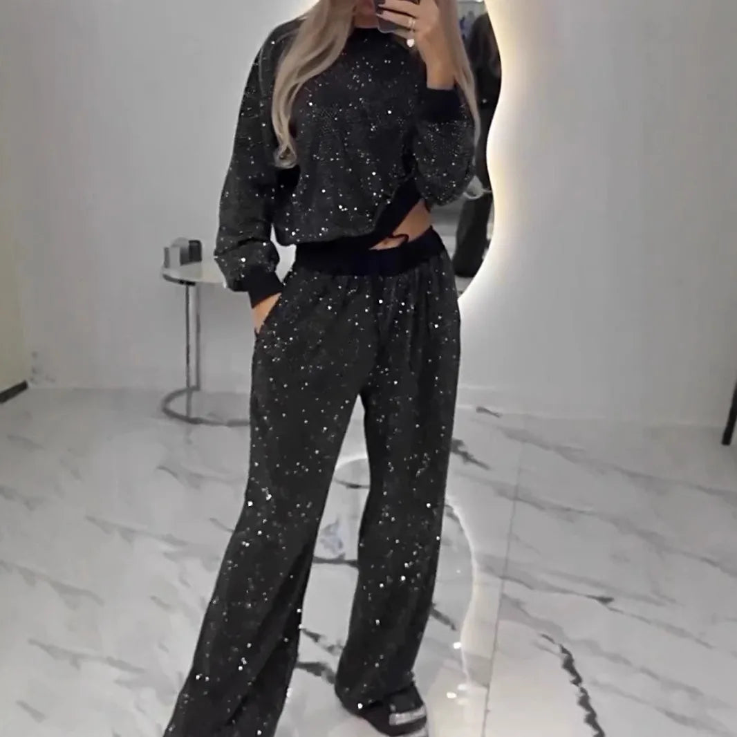 Elegant Sequin Lace Up Two Piece Pants Set for Women