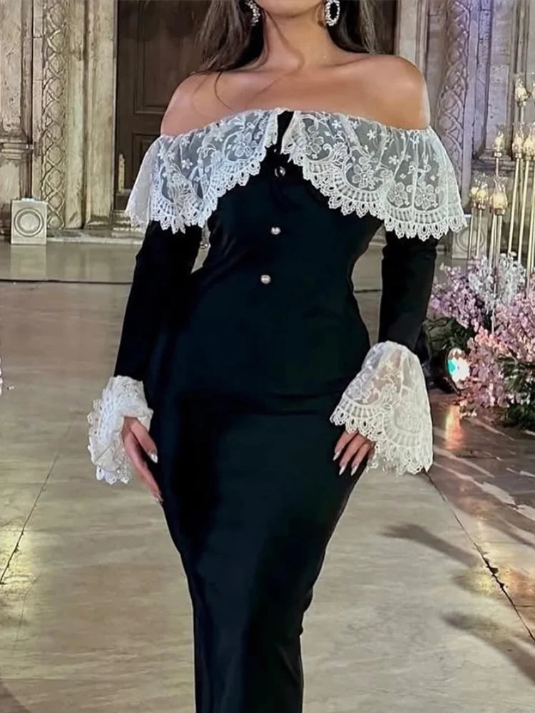 Elegant Off Shoulder Ruffle Wrap Hip Dress 2026 Sexy Lace Splicing Solid Long Dress Women's Casual Flared Sleeves Party Dresses