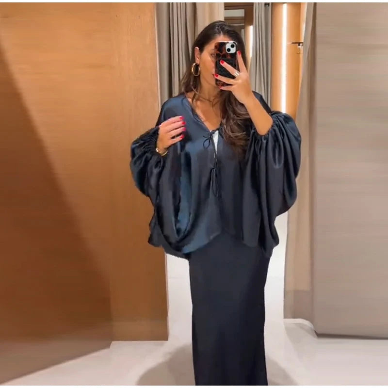 Casual Solid Batwing Sleeve Shirt Skirt Set for Women
