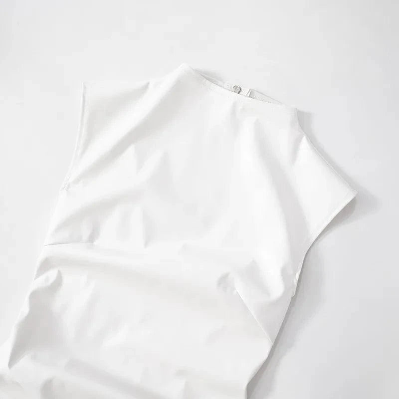 White PU Leather Bodycon Mini Dress for Women Elegant Sexy Turtleneck Sleeveless Party Dresses Spring Fashion Casual Dress 2025