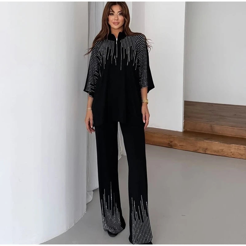 Elegant Casual Sequin Two Piece Top And Pants Set For Women