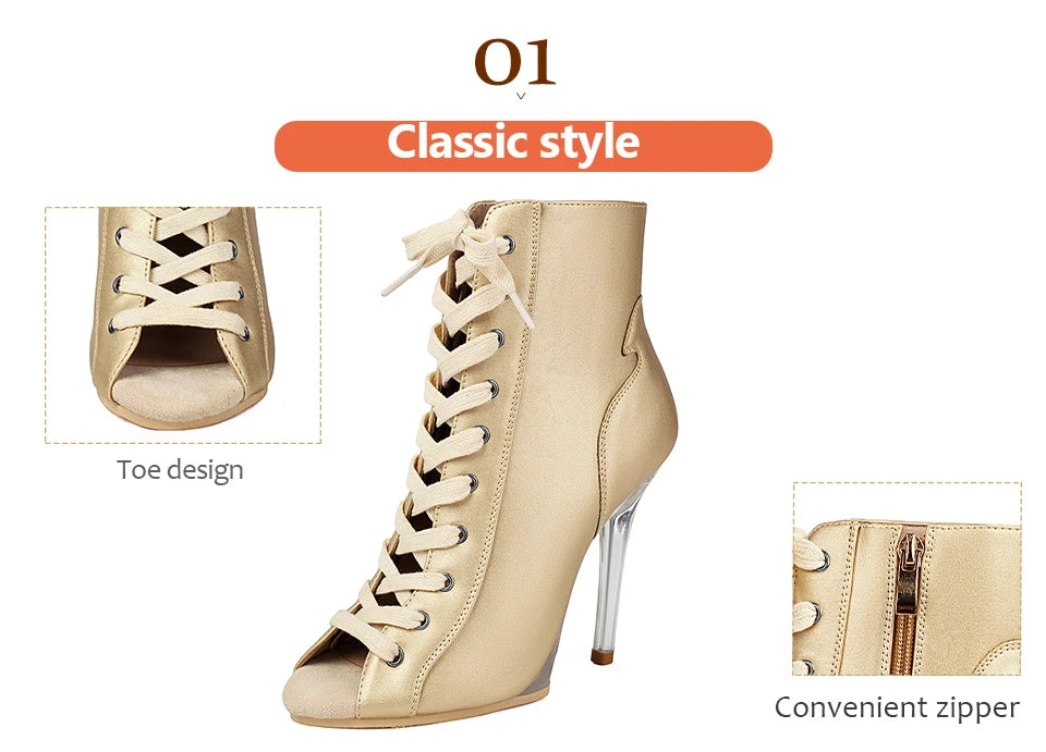 Lace-Up Crystal Heel Ballroom Dance Boots for Women