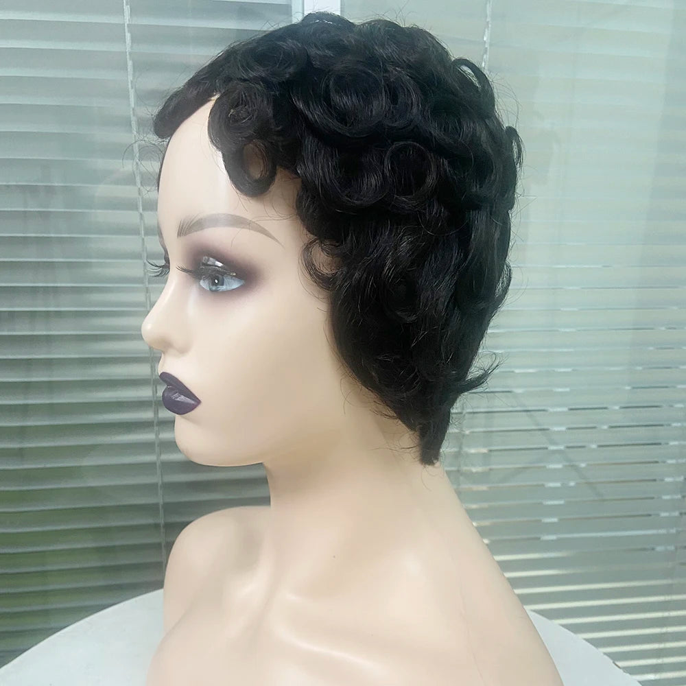 Short Curly Layered Pixie Cut Human Hair Wig for Women