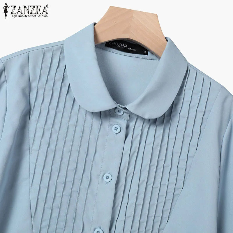 ZANZEA Women Vintage Pintuck Shirts Casual Turn-Down Collar Half Puff Sleeve Button Up Chemises Femme Street Fashion Solid Tops