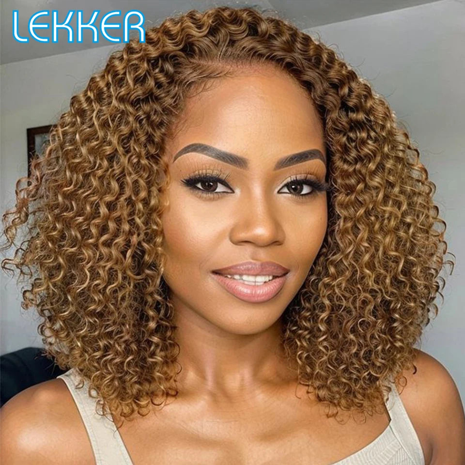 Ombre Brown Kinky Curly Glueless Bob Lace Wig for Women