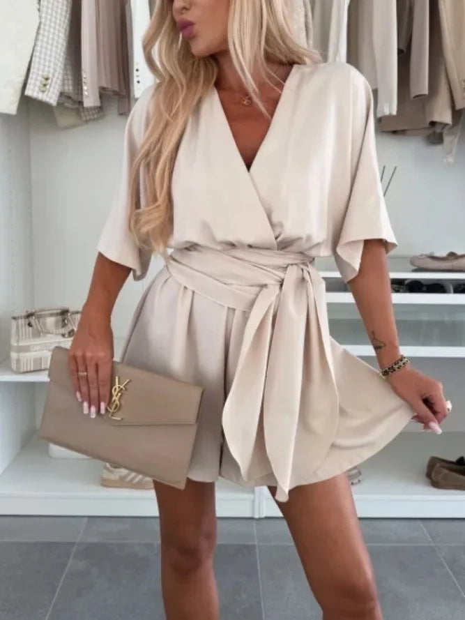 Loose Puff Sleeve Casual Romper With V Neck for Women