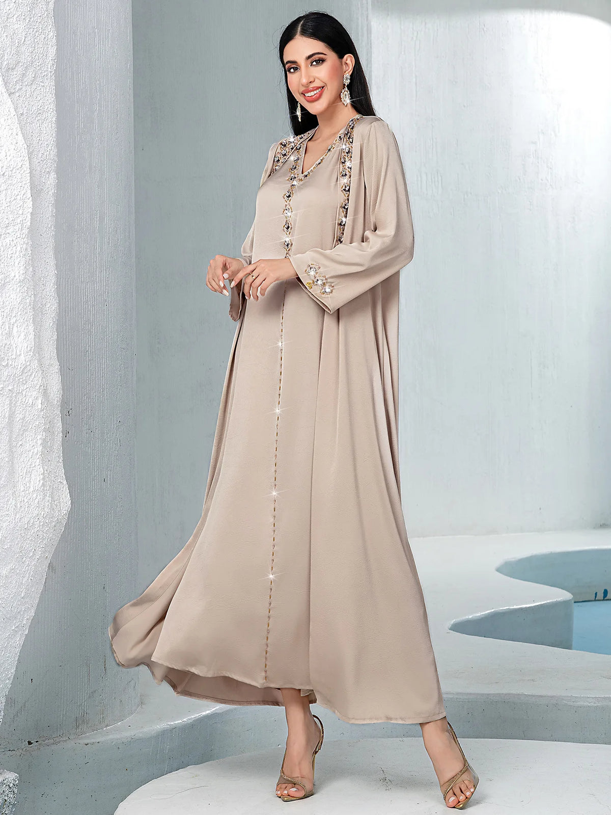 Diamond Embellished Two Piece Abaya Set for Women