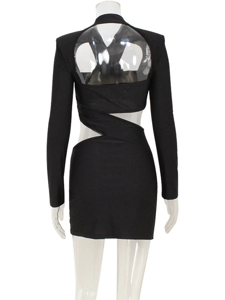 Hollow Out V Neck Long Sleeve Bodycon Mini Dress for Women