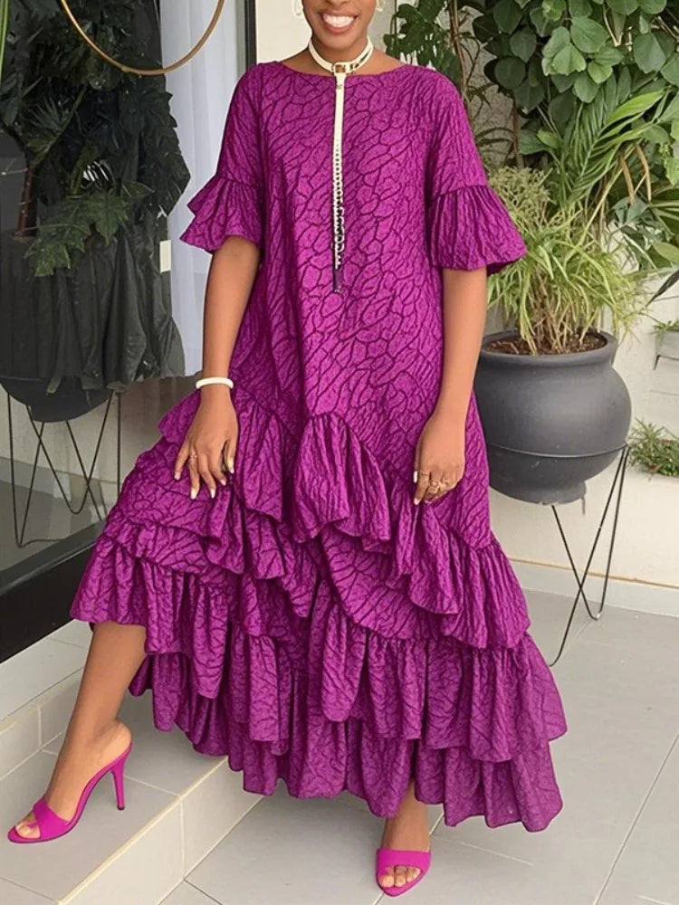 UOOZEE Women Fashion Printed Ruffle Trim Layered Pleated Maxi Dresses Flared Sleeves Elegant Evening Banquet Long Dress 2025 New