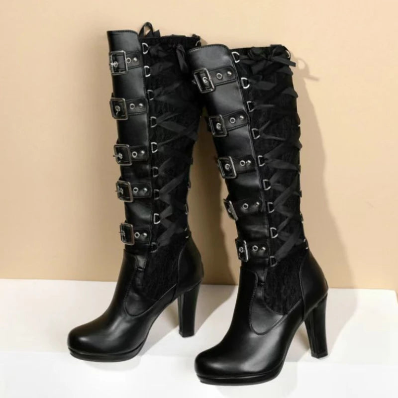 Lace Up Chunky High Heel Mid Calf Boots for Women