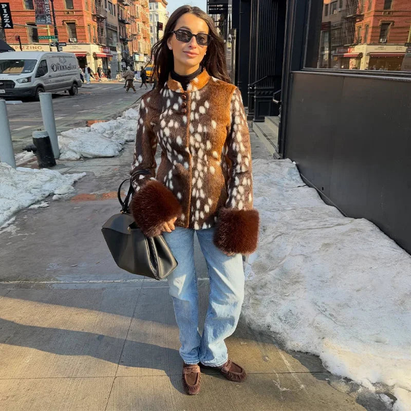 Fitted Vintage Leopard Patchwork Faux Fur Coat for Women