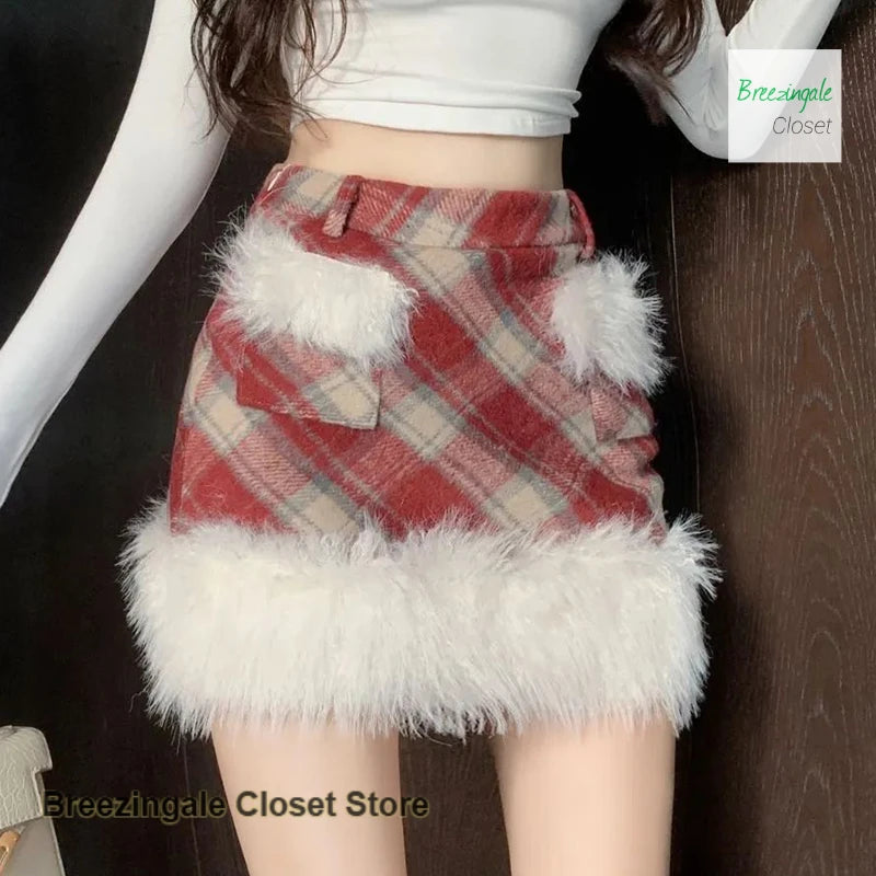 Classic Red Plaid High Waisted Pocket Skirt for Women