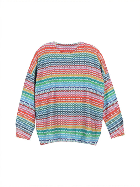 plus Size Hollow Collision Knitted Sweater round Neck Pullover Striped Design Comfortable Fit Women's Fashion Autumn Winter
