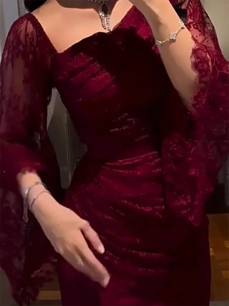 Elegant Temperament Long Sleeved Dress Lace Slim Fit Women's Party Dress Fall Asymmetrical High Waist Draped Banquet Dress Mujer