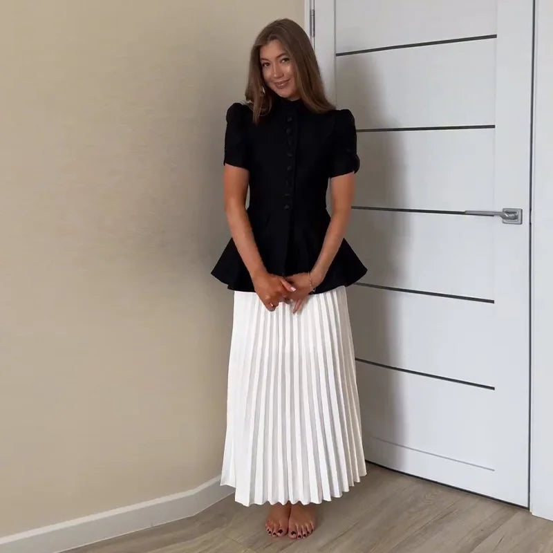 Chic Two Piece Blazer and Pleated Skirt Set for Women