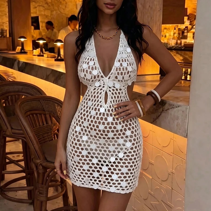 Sequin Knitted Hollow Out Slim Fit Mini Dress for Women