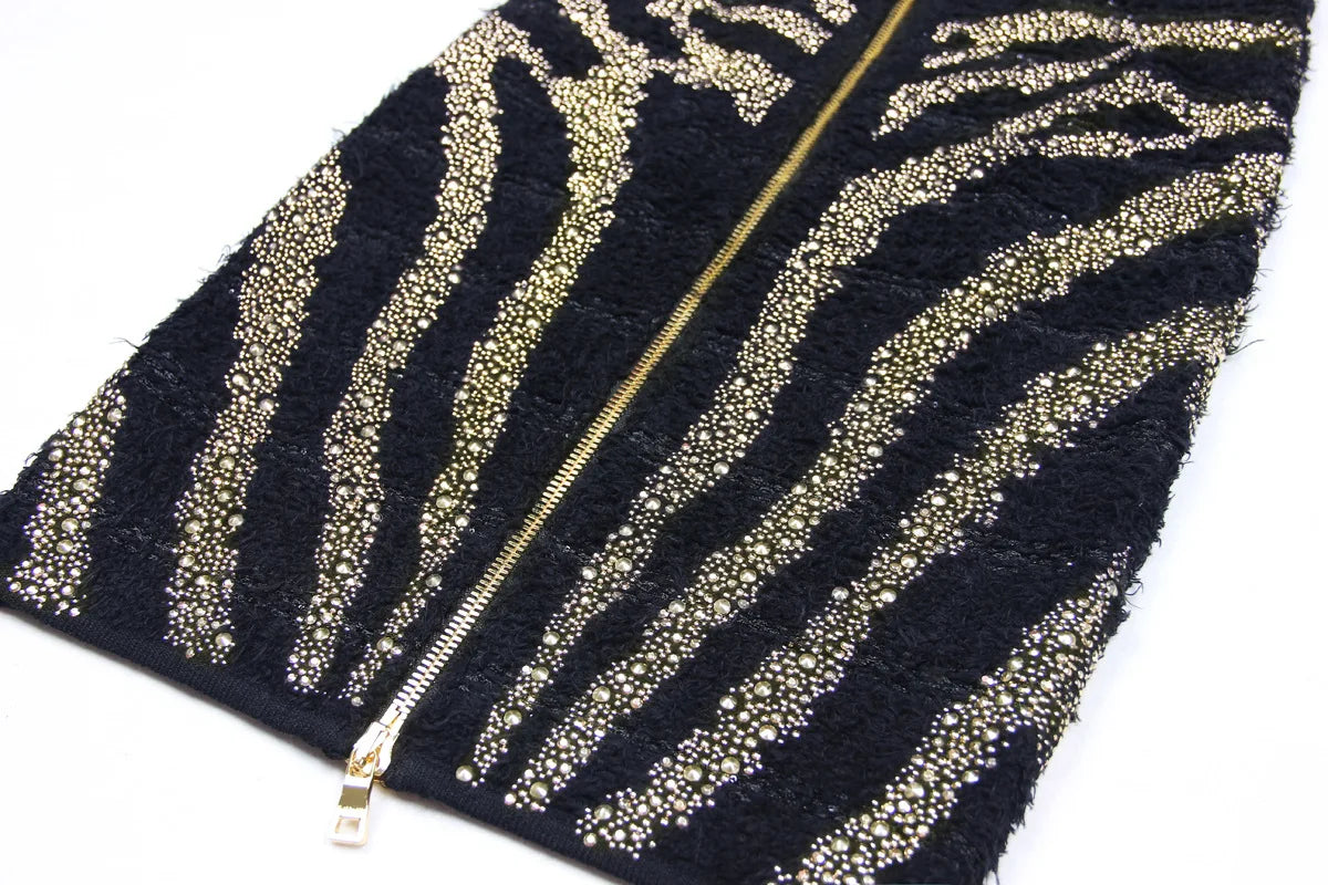 2025 Autumn New Heavy Knitted Hot Diamond Long-sleeved Jacket Sexy Vest + Skirt Set Light Luxury Party Women Three-piece Set