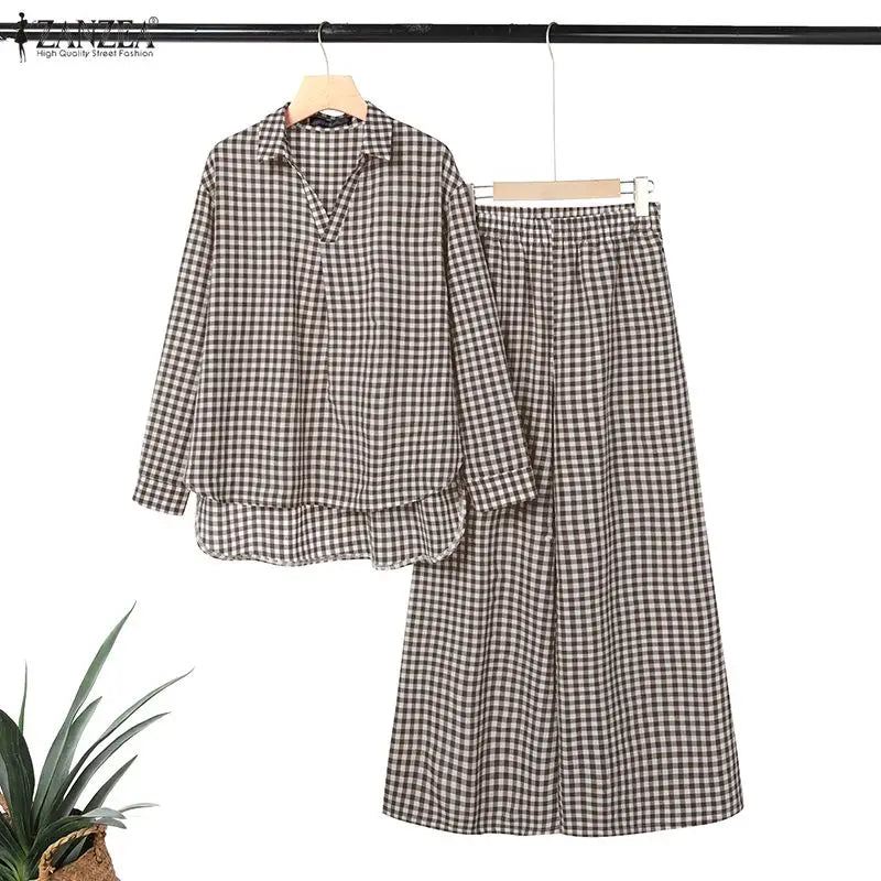 Gingham Blouse And Wide Leg Pants Set