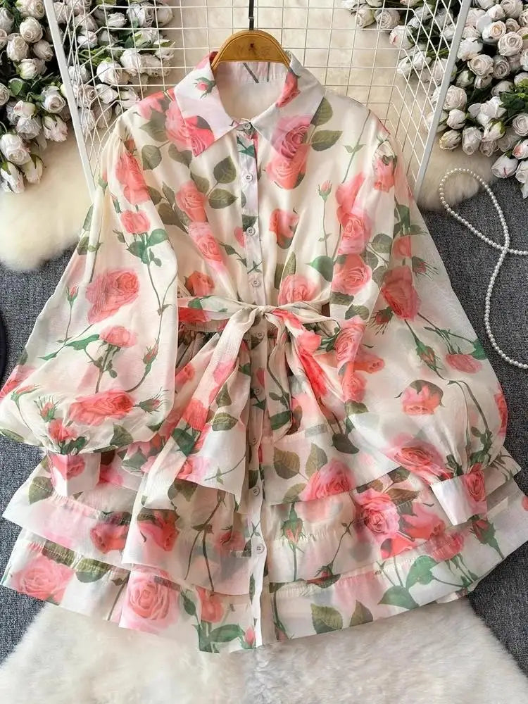 Women Lantern Sleeve Floral Print Lace Up Belt Summer Ball Gown Cute Dress Holiday Gorgeous Flower Ruffles Layer Cake Mini Dress