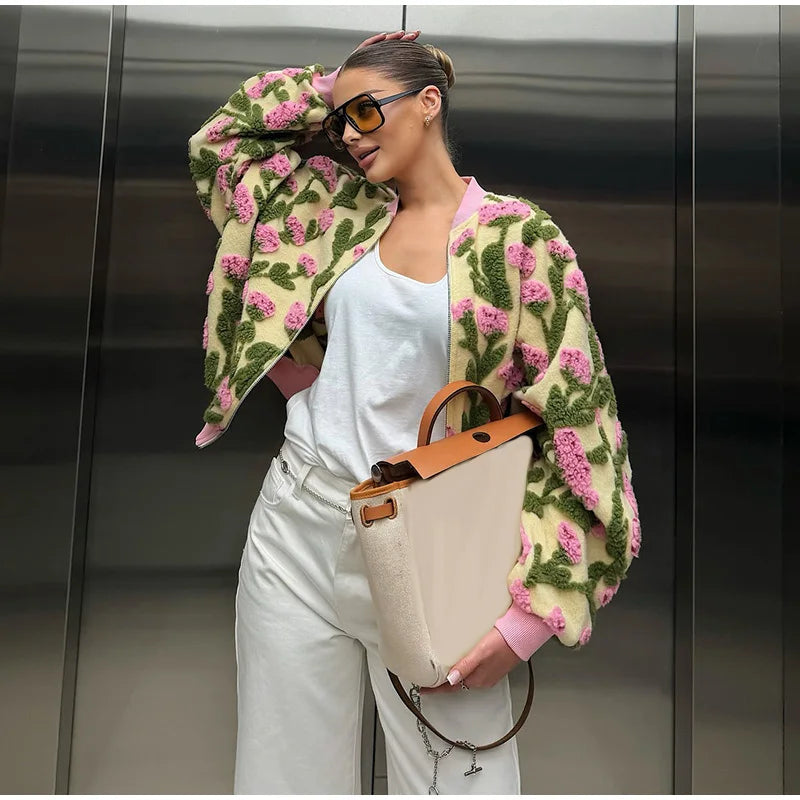 Casual Floral Print Bomber Jacket With Collar For Women
