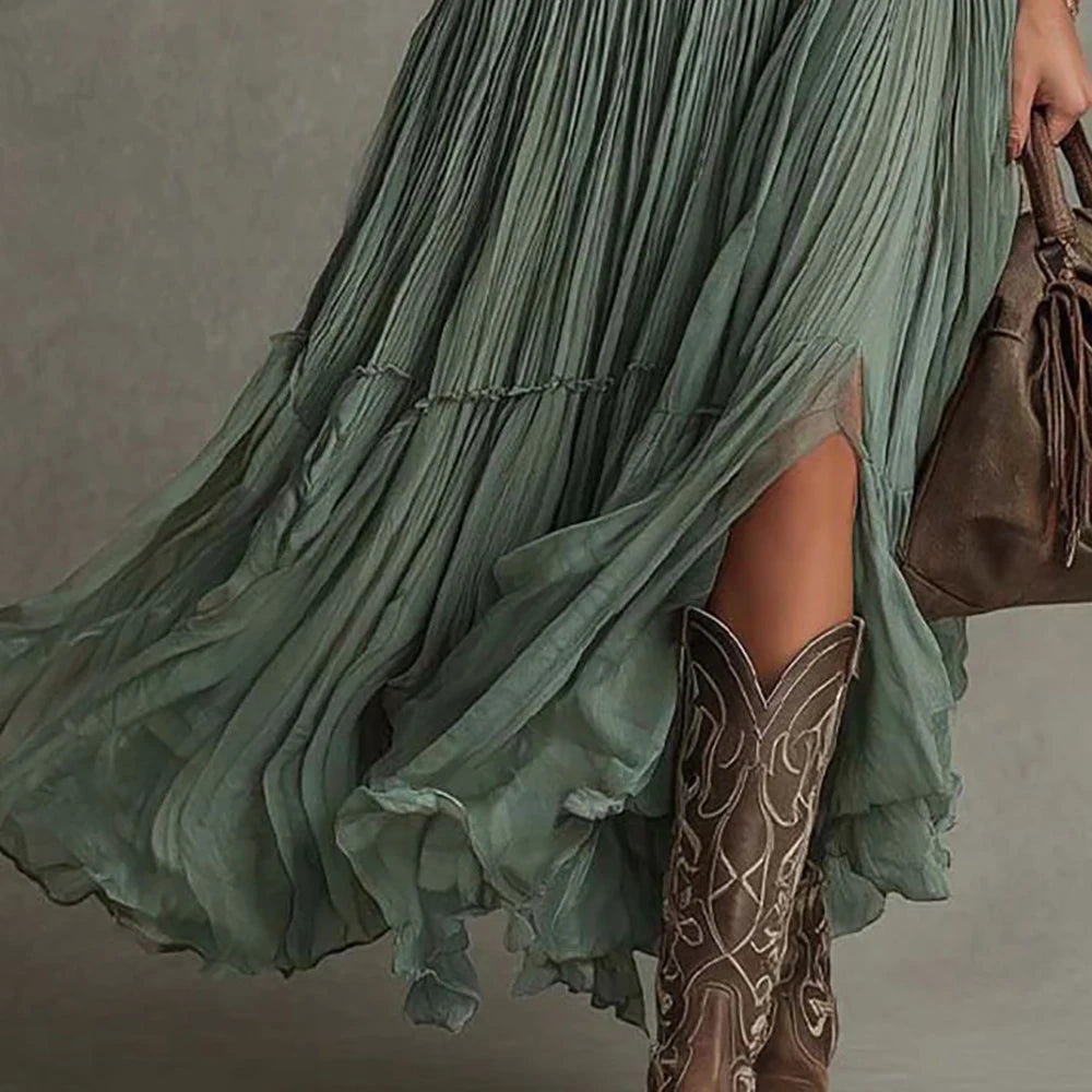 Elegant Boho Tiered V Neck Flowy Maxi Dress for Women