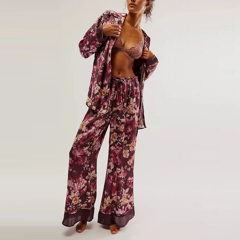 Casual Print Blouse and Wide Leg Pants Set for Women