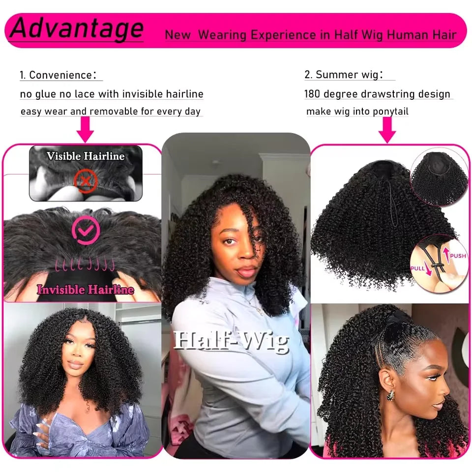Seamless Drawstring Kinky Curly Half Wig for Women