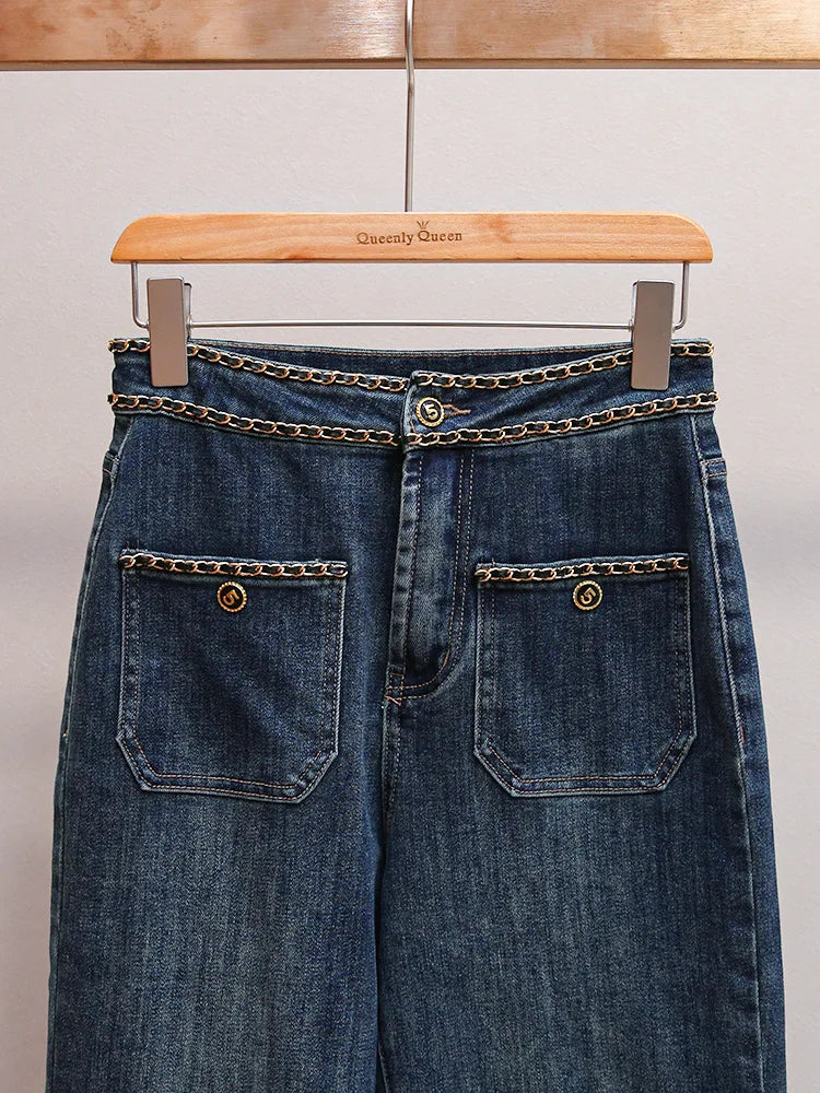 ANJY Autumn Women American Style Vintage High-End Chain Design Slimming Straight Jeans Ins Trend Versatile Wide-Leg Pants A10635