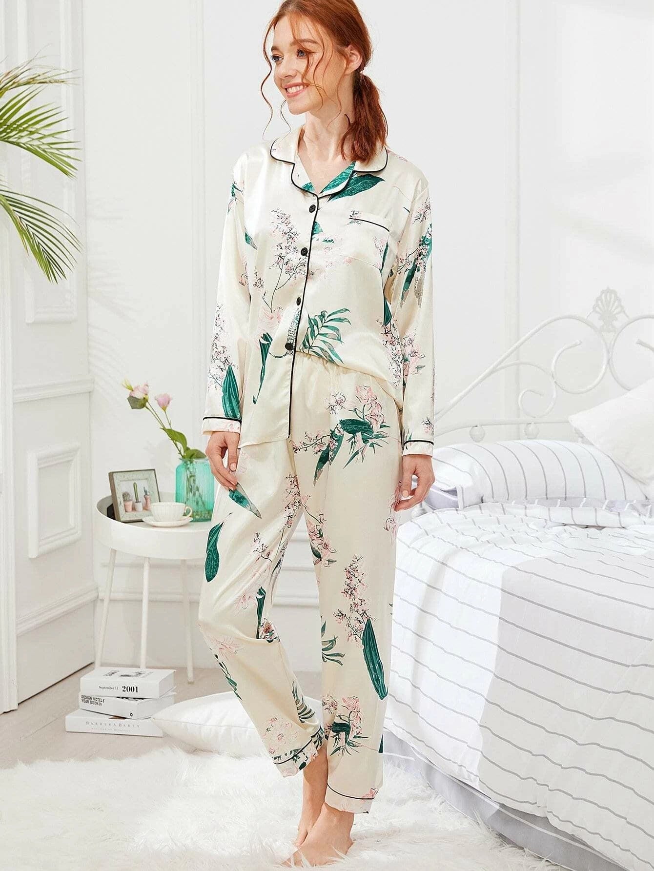 Women 2 Pieces Satin Pajamas Set Spring Autumn Long Sleeve Button Up Shirt and Casual Loose Elastic Pants Sleepwear Loungewear