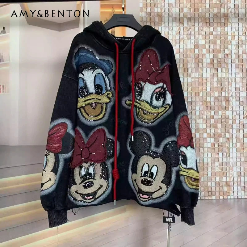 Fashion 2025 Autumn Heavy Industry Embroidery Cartoon Short Loose Hooded Sweatshirt For Women's Kawaii Clothes Lace-up Sudaderas