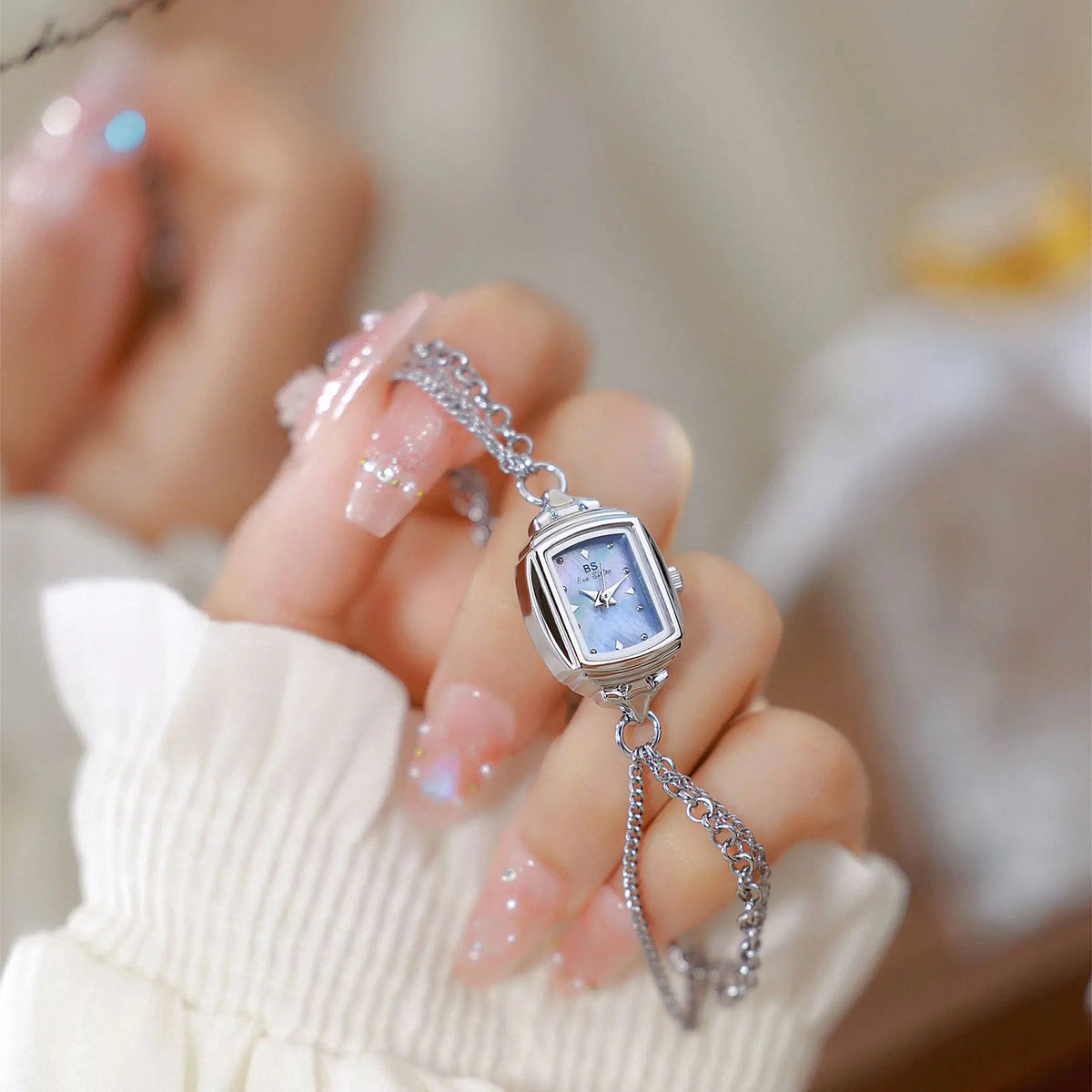 Light Blue Bracelet Watch With Silver Quartz Movement for Women