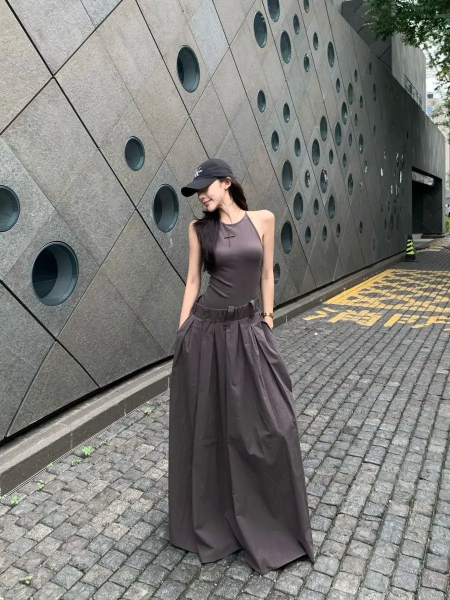 Gray High Waist Button Placket Midi Dress For Women